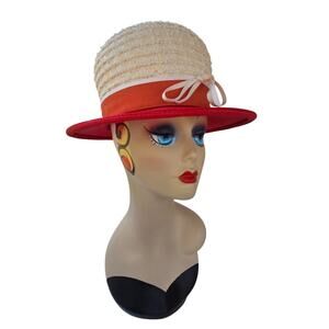 1960s VIVI by Elite Red & Cream Straw Mod Derby Hat | Bowler Boater